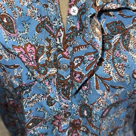 LOFT Blue Paisley Ruffle Yoke Blouse Size Small Button Front - Picture 7 of 12
